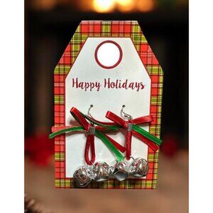 Holiday Jingle Bell Earrings Red & Green Ribbon Bow Accents Jewelry Christmas